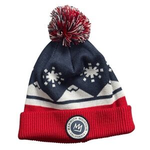 Mammoth Mountain Knit Pom Beanie Hat California‎ Red Blue Ski